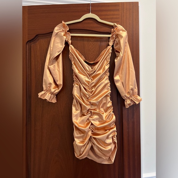 First Distraction The Label Petite bardot mini satin dress in carame - Picture 5 of 9